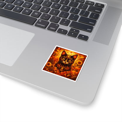 Autumn Cat Kiss-Cut Sticker — Pumpkin, Sunflower & Fall Leaves Design