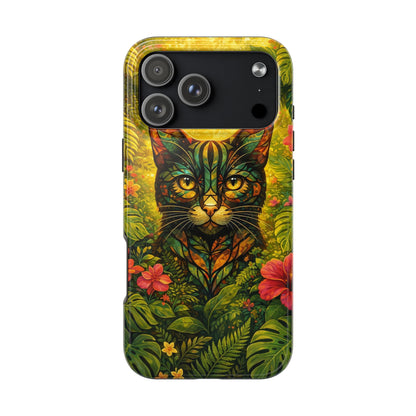 Tough phone case with jungle cat design and dark camera section on top
