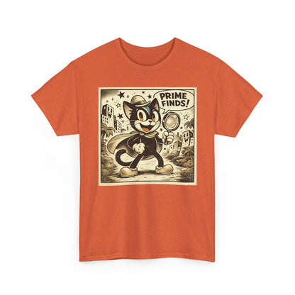 Orange vintage graphic detective cat T-shirt with retro cartoon front print