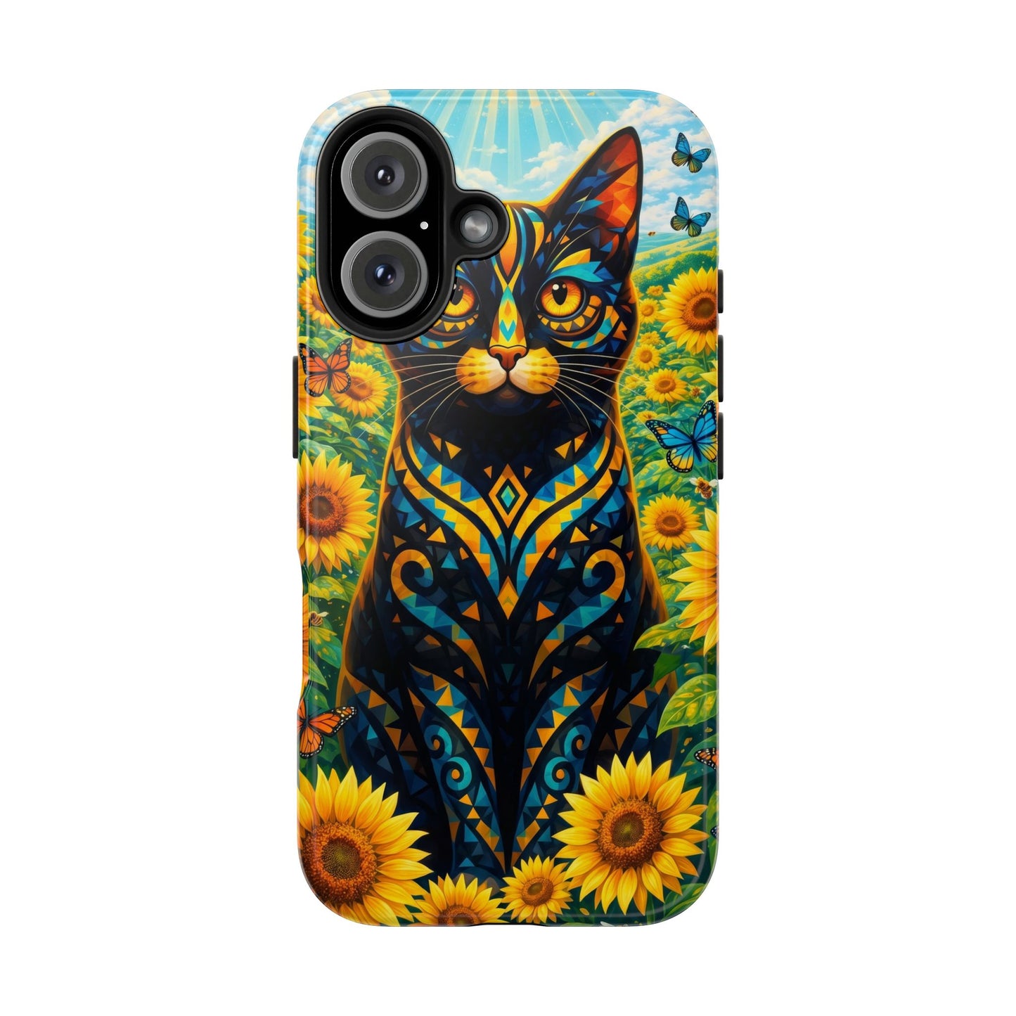 Sunflower Cat Tough Phone Case — Vibrant Boho Floral Armor for iPhone & Android
