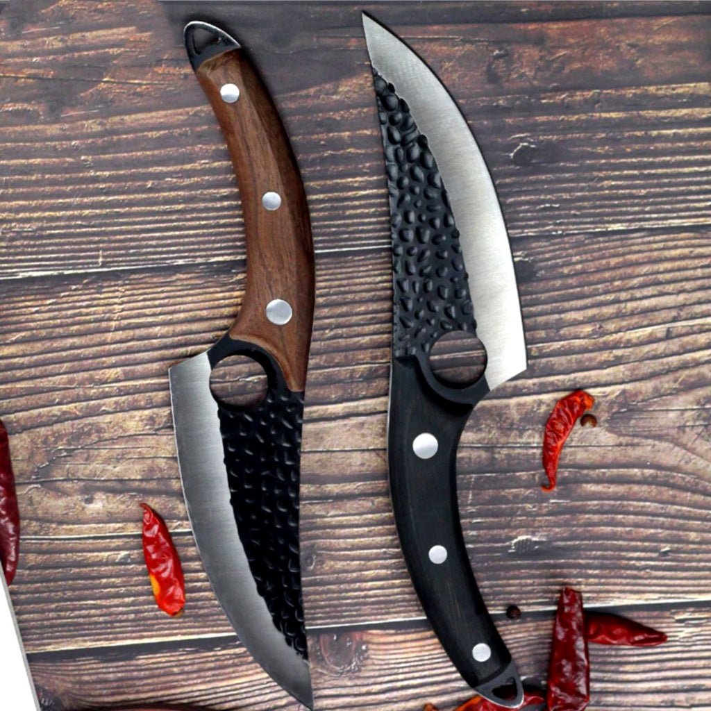 Boning and scimitar knives with brown and black textured handles and silver blades