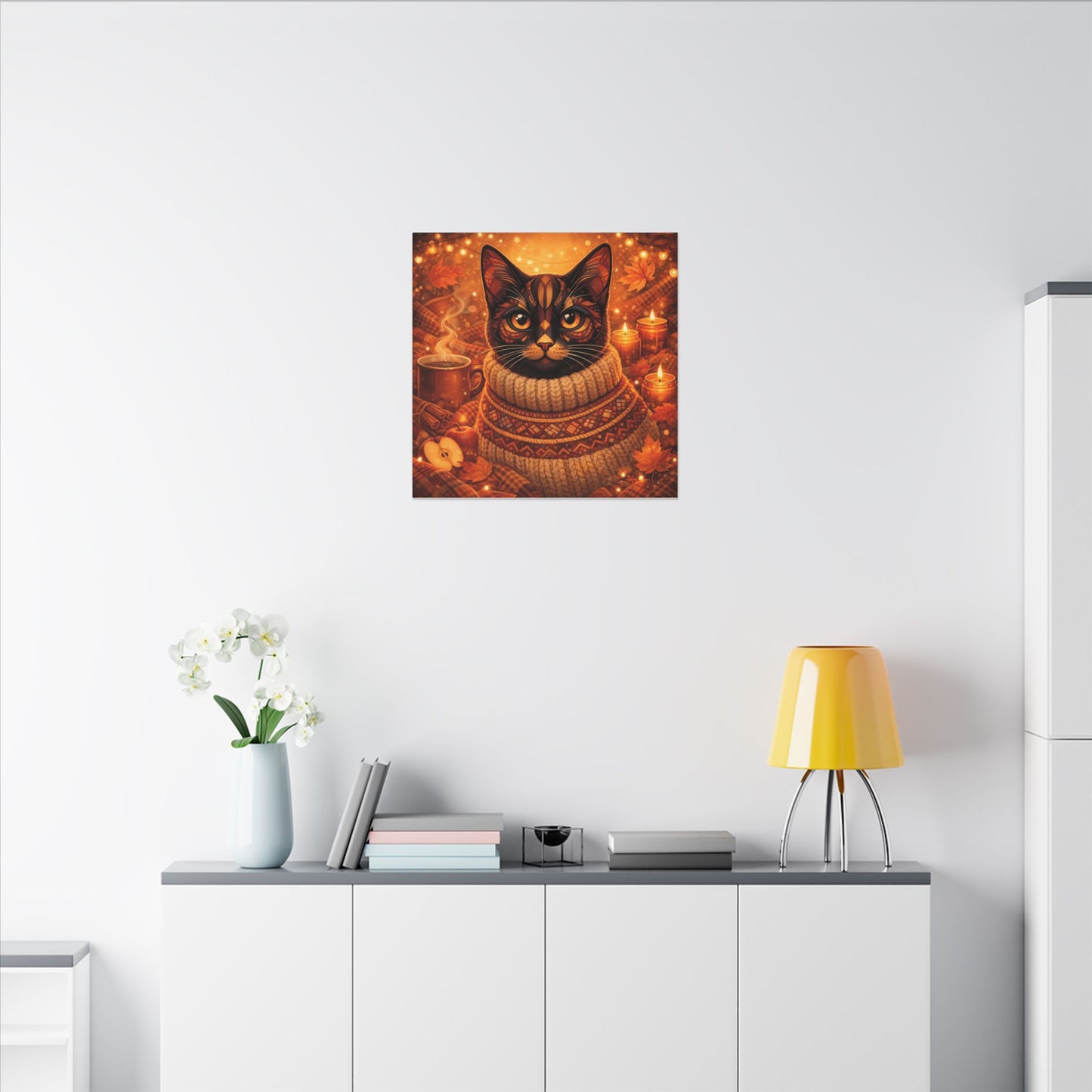 Autumn Cozy Cat Canvas - Warm Fall Cat Portrait with Sweater, Candles & Coffee