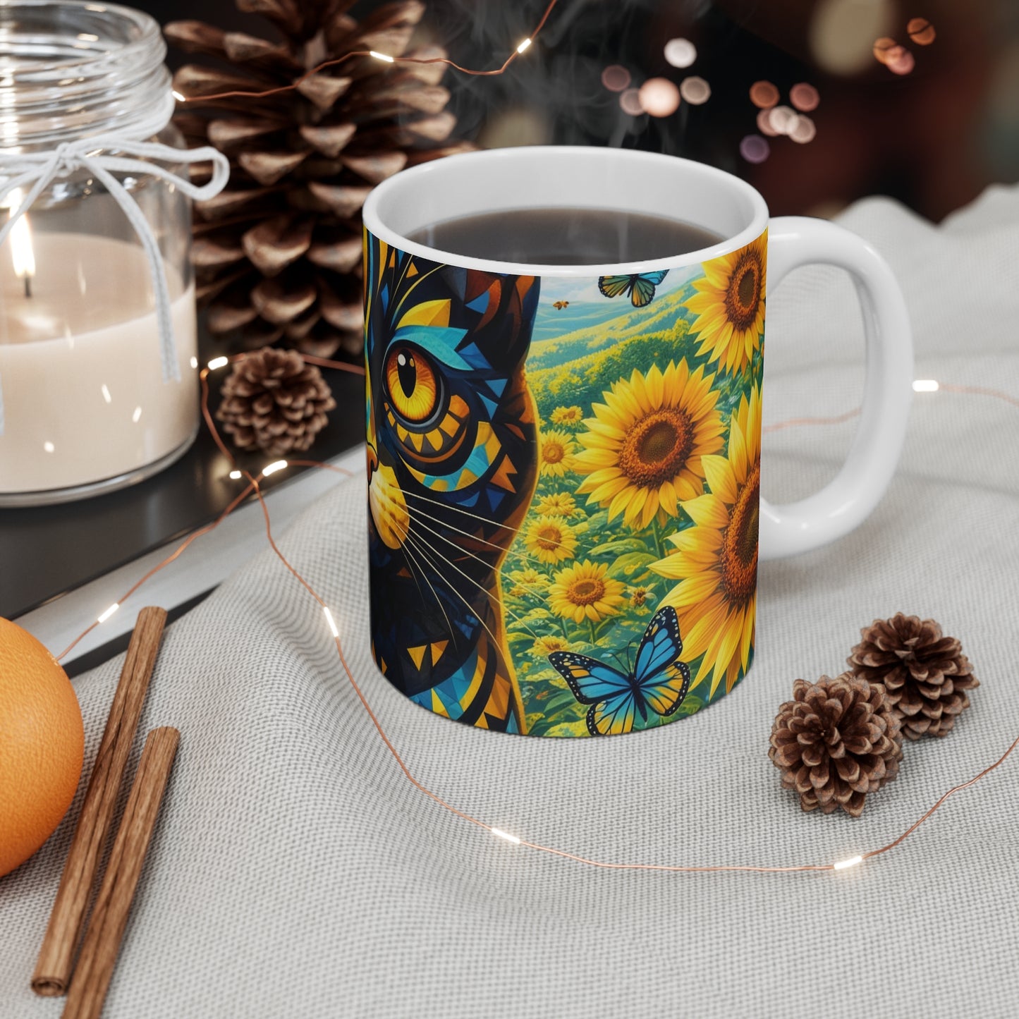 Sunflower Cat Mug — Colorful Geometric Cat Face Coffee Cup (11 oz)