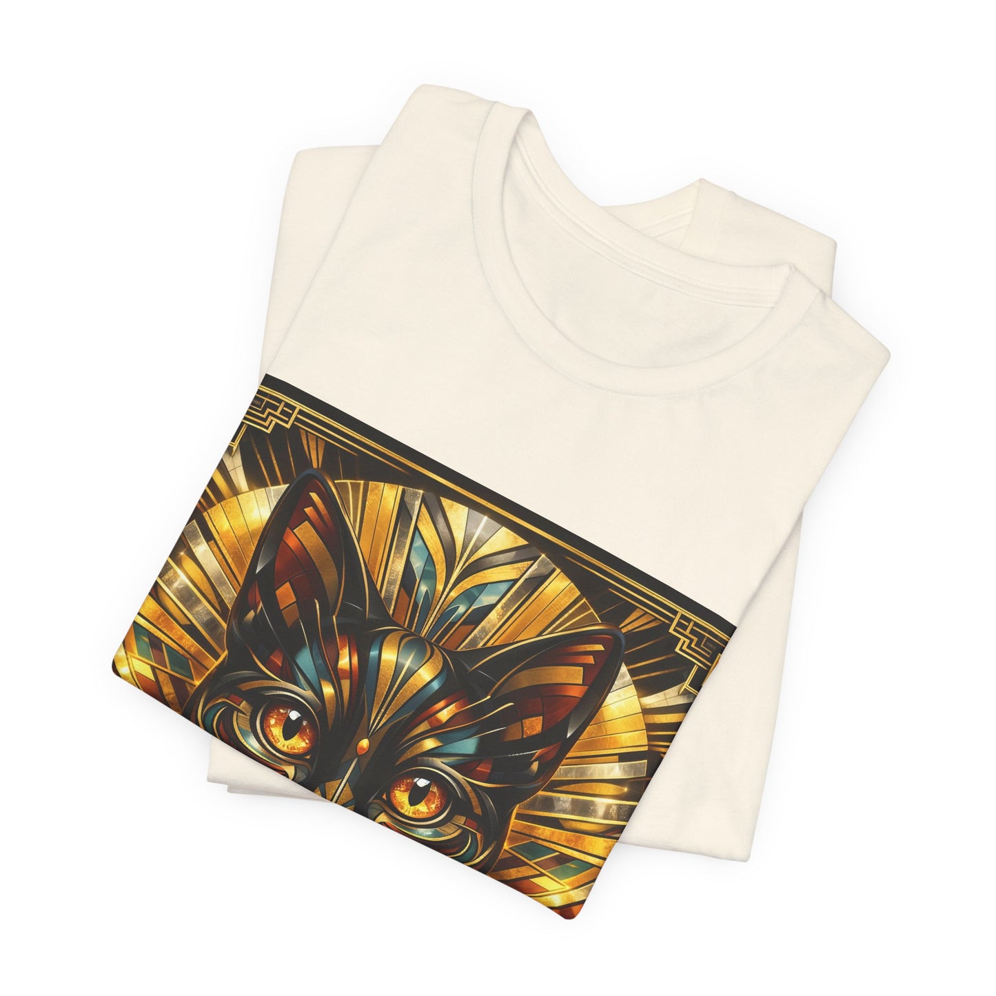 Art Deco Cat T-Shirt — Golden Geometric Cat Face Tee