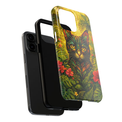 Tough phone case back and edge view with jungle cat artwork, green leaves and red flowers, bumper.