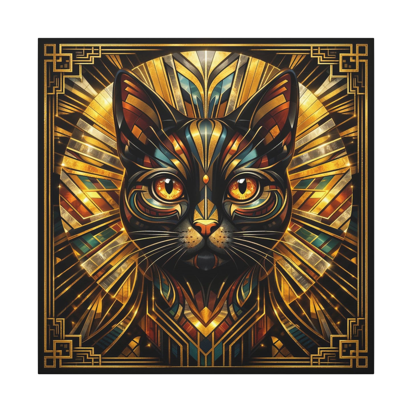 Art Deco Cat Canvas Print — Golden Geometric Feline Wall Art