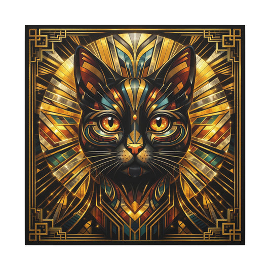 Framed art deco cat canvas print with golden geometric lines and glowing amber eyes
