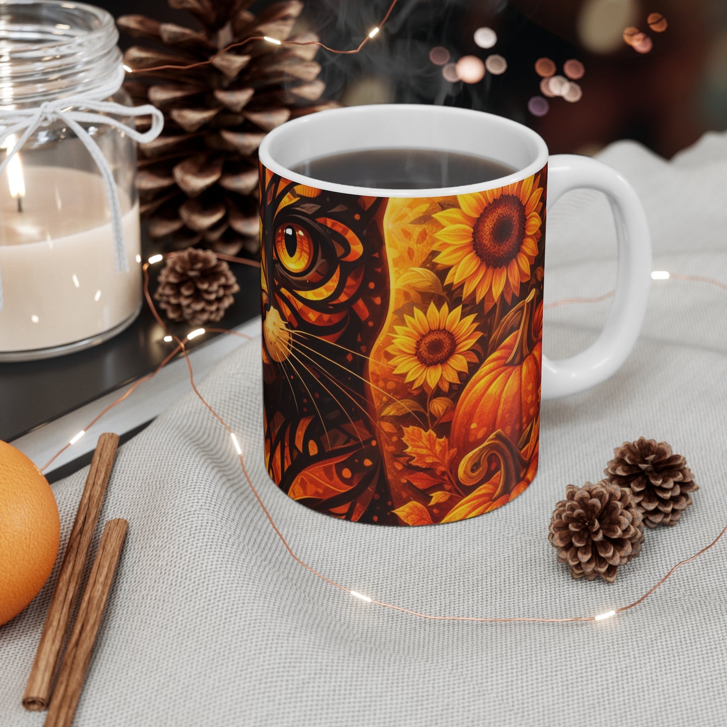 Autumn Witch Cat Mug — 11oz Halloween Pumpkin & Fall Leaves Coffee Cup
