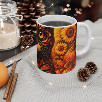Autumn Witch Cat Mug — 11oz Halloween Pumpkin & Fall Leaves Coffee Cup