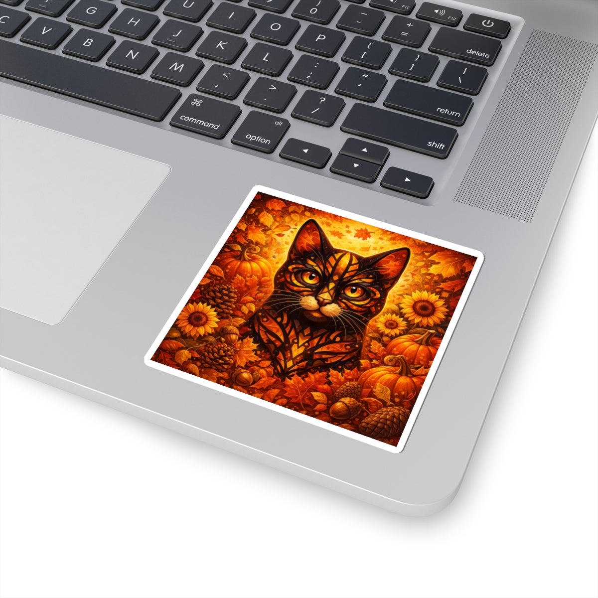 Autumn Cat Kiss-Cut Sticker — Pumpkin, Sunflower & Fall Leaves Design