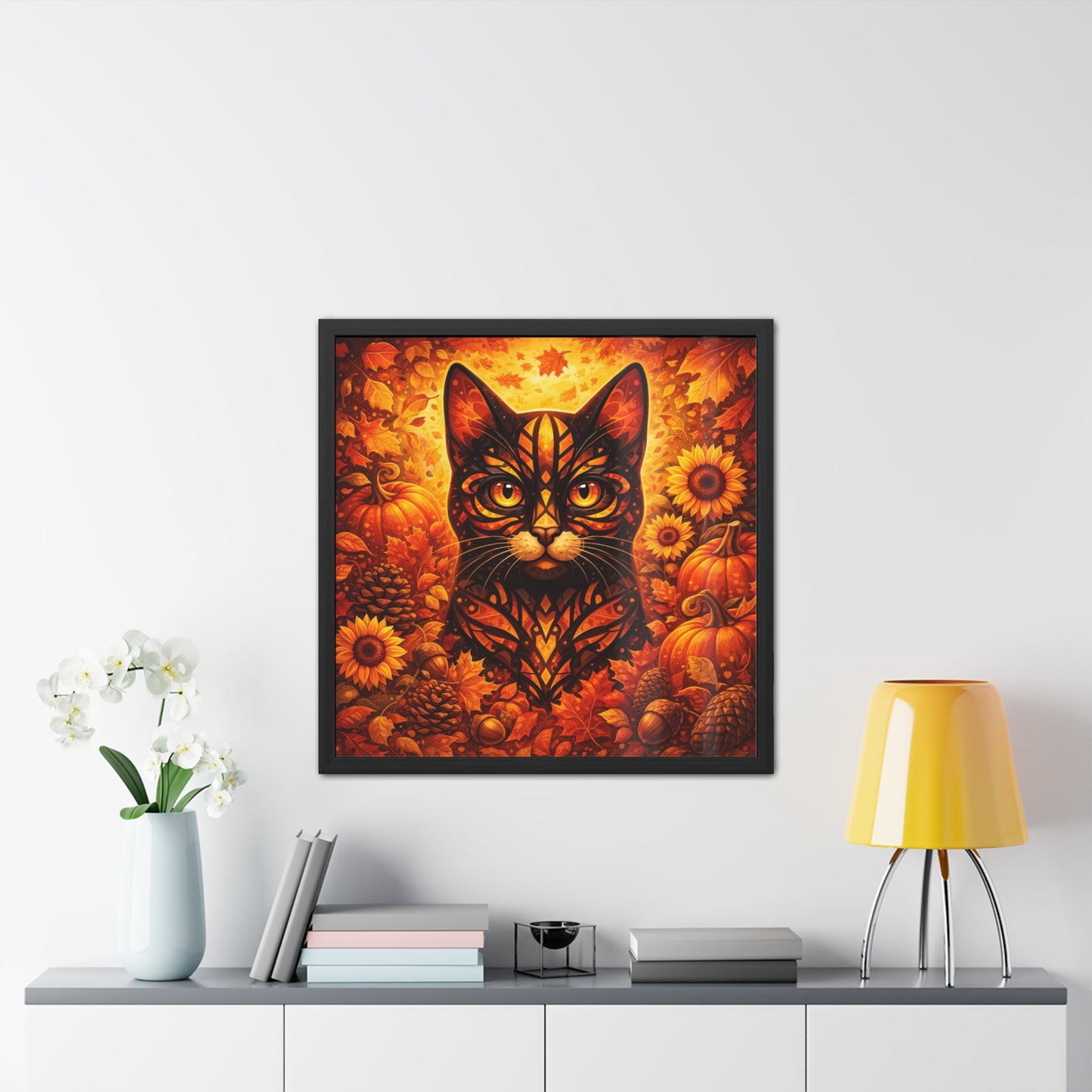 Autumn Cat Framed Poster — Halloween Pumpkin & Sunflower Wall Art