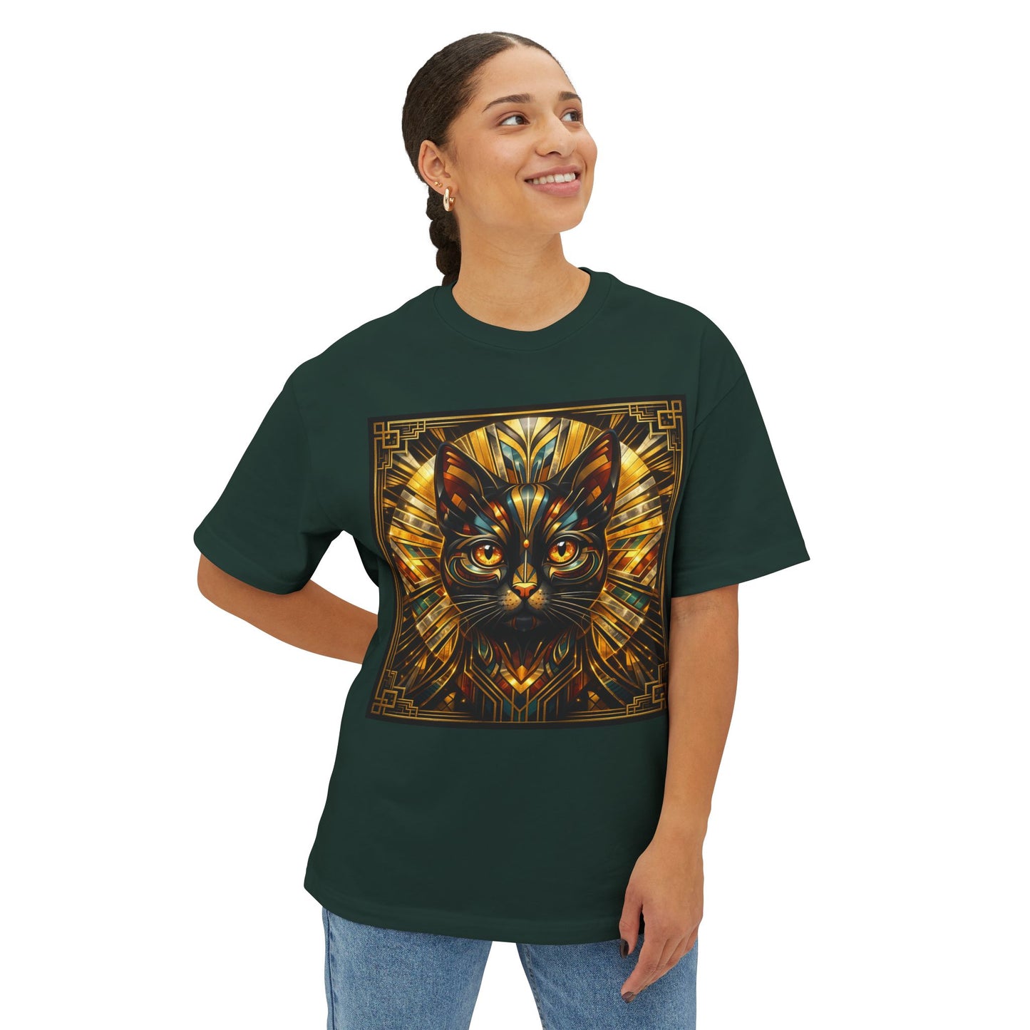 Art Deco Cat Graphic Tee — Golden Stained-Glass Feline Print