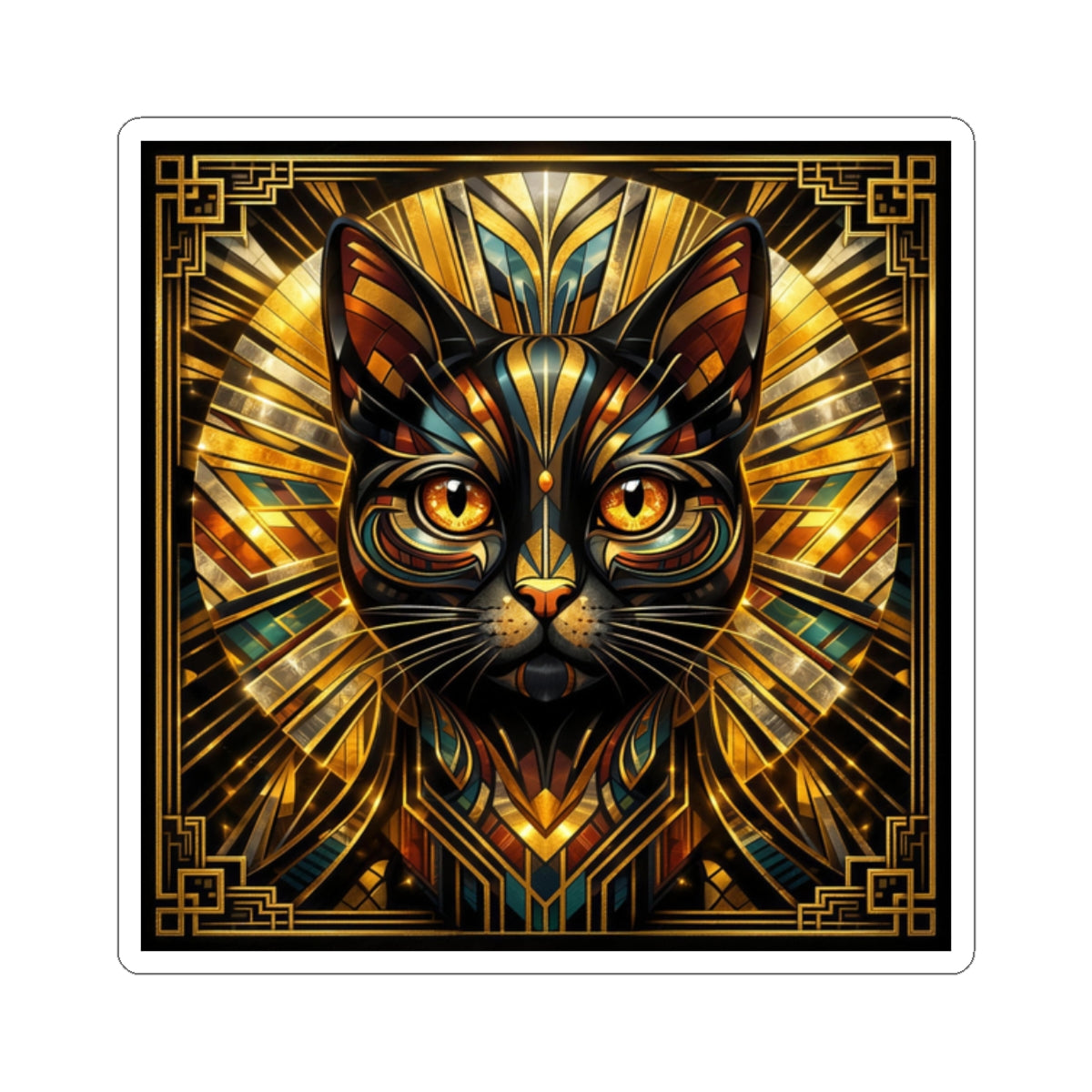 Art Deco Cat Kiss-Cut Sticker — Metallic Gold Geometric Feline Laptop Decal