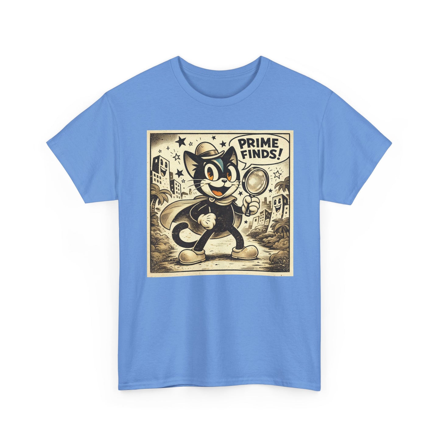 Light blue vintage detective cat t-shirt with retro cartoon print on the chest