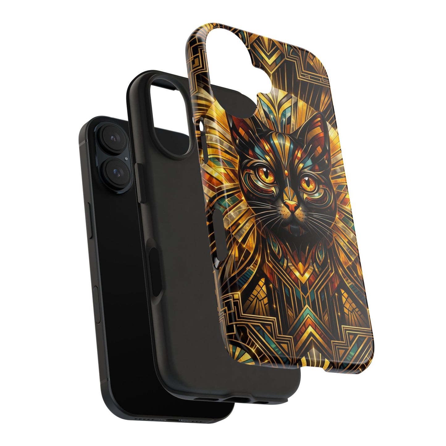 Art Deco Cat Tough Phone Case — Golden Geometric Protective Cover