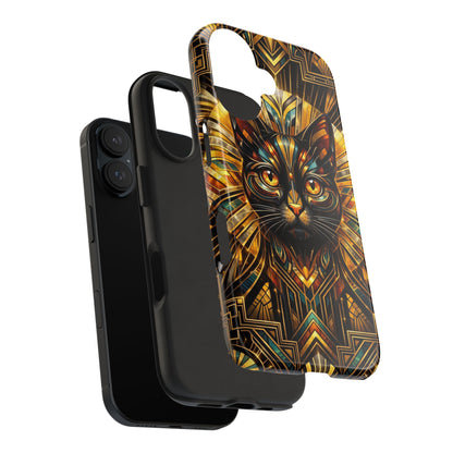 Art Deco Cat Tough Phone Case — Golden Geometric Protective Cover