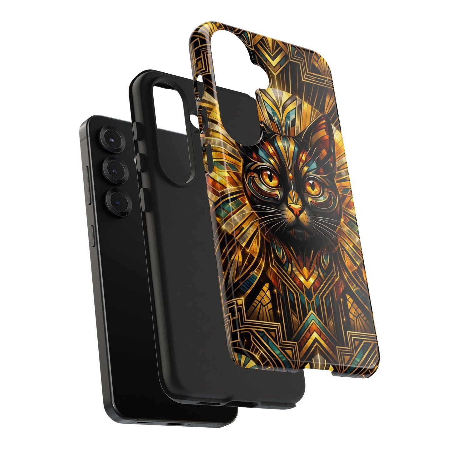 Art Deco Cat Tough Phone Case — Golden Geometric Protective Cover