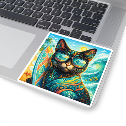 Surfing Cat Sticker — Colorful Tropical Beach Cat Kiss-Cut Sticker