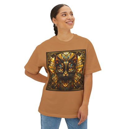 Art Deco Cat Graphic Tee — Golden Stained-Glass Feline Print