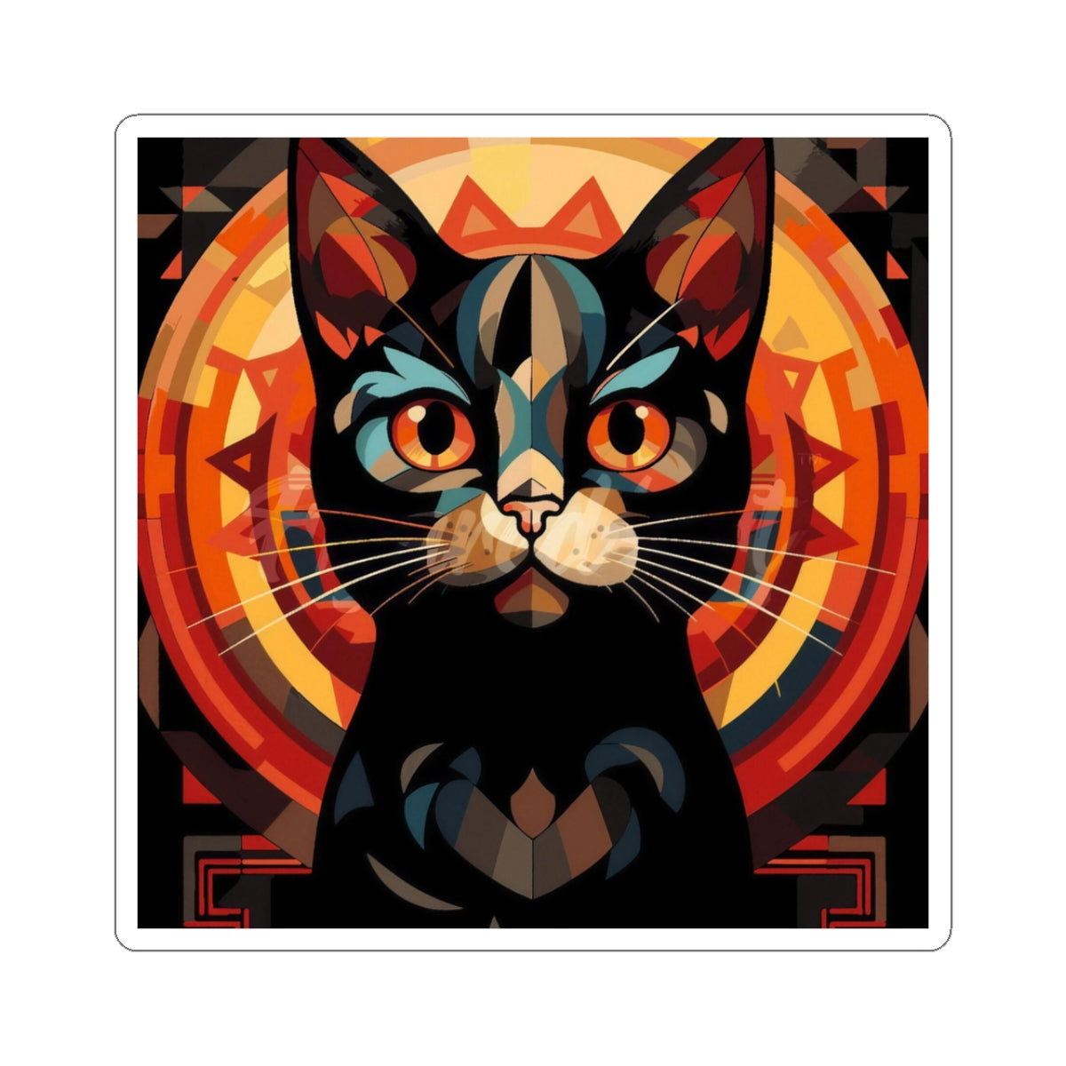 Mystic Black Cat Sticker — Retro Geometric Kiss-Cut Decal