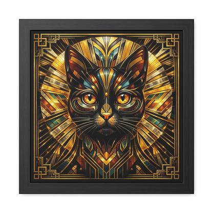 Art Deco Cat Framed Poster — Golden Stained-Glass Feline Wall Art
