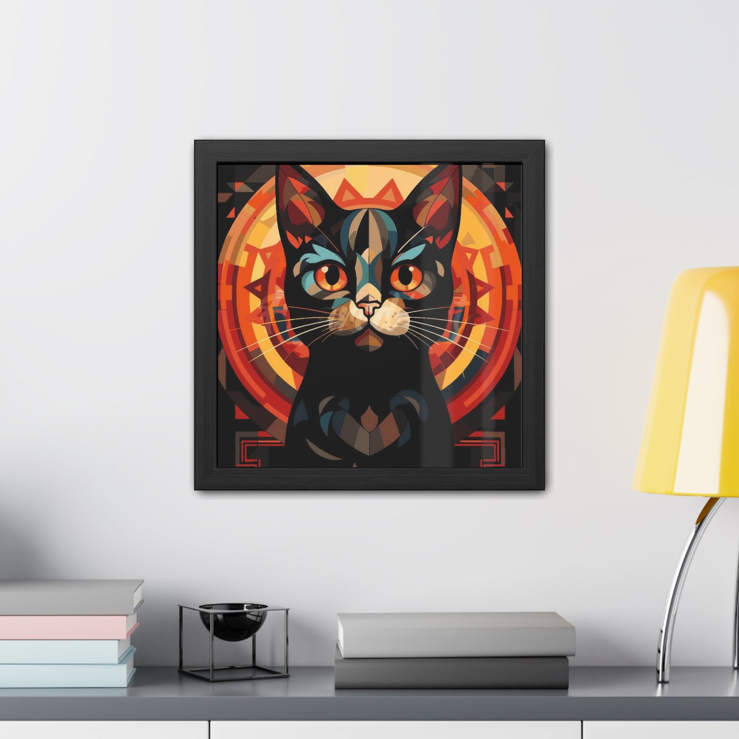 Framed Poster — Stylized Black Cat Art Print (Geometric Sun Halo)