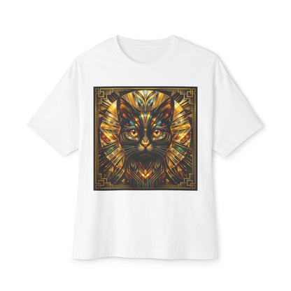 Art Deco Cat Graphic Tee — Golden Stained-Glass Feline Print