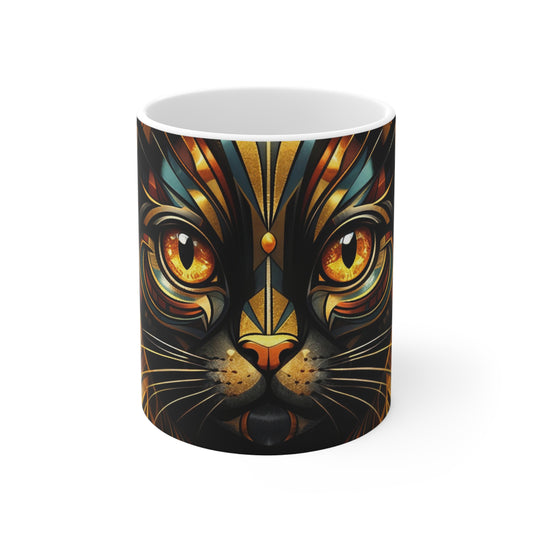Black cat coffee mug with golden geometric mystic cat face graphic, white rim