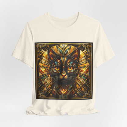 Art Deco Cat T-Shirt — Golden Geometric Cat Face Tee