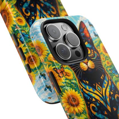 Sunflower Cat Tough Phone Case — Vibrant Boho Floral Armor for iPhone & Android