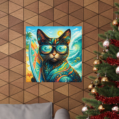 Surf Cat Poster — Colorful Tropical Cat with Sunglasses Matte Vertical Art