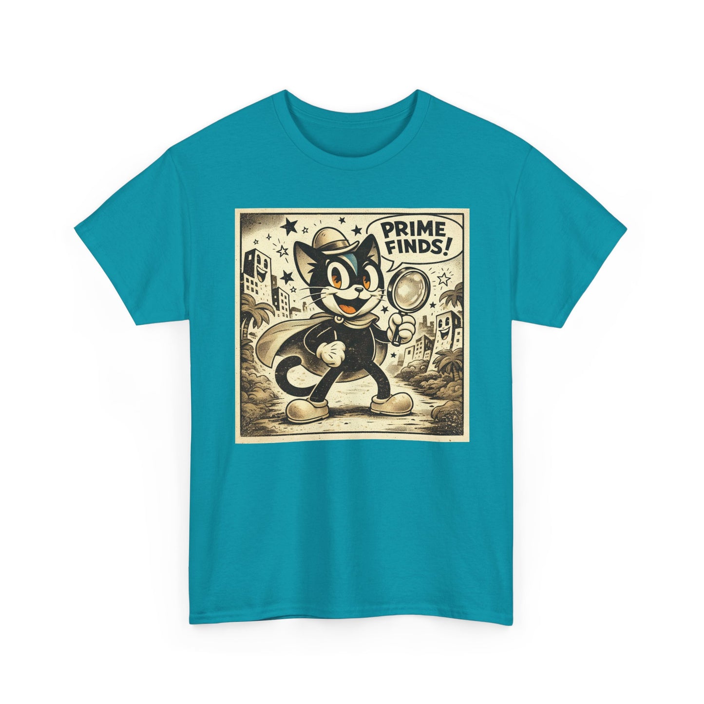 Teal vintage detective cat t-shirt with retro cartoon print on the chest