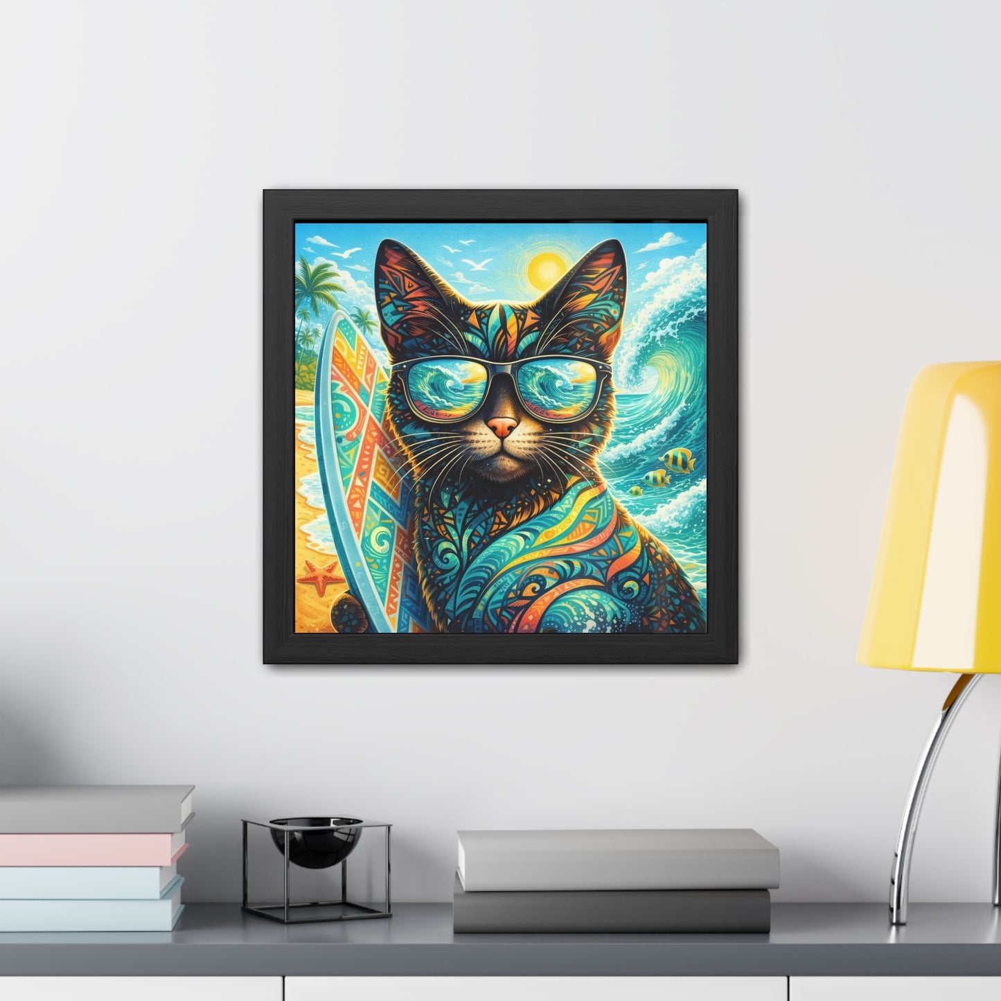 Surfing Cat Framed Poster — Colorful Tropical Cat with Sunglasses Art