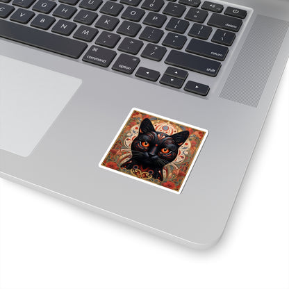 Black Cat Art Sticker — Ornate Orange Eyes Kiss-Cut Vinyl Sticker