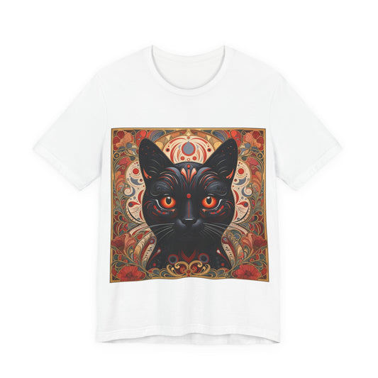 White cat graphic t-shirt with centered square cat face illustration and ornate border