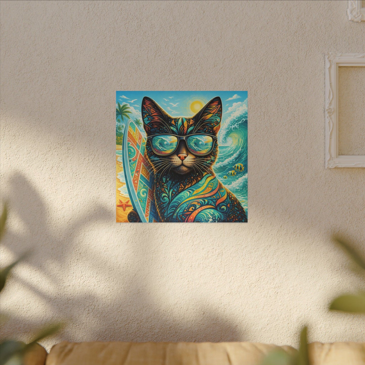 Surf Cat Canvas Wall Art — Colorful Tropical Cat with Sunglasses