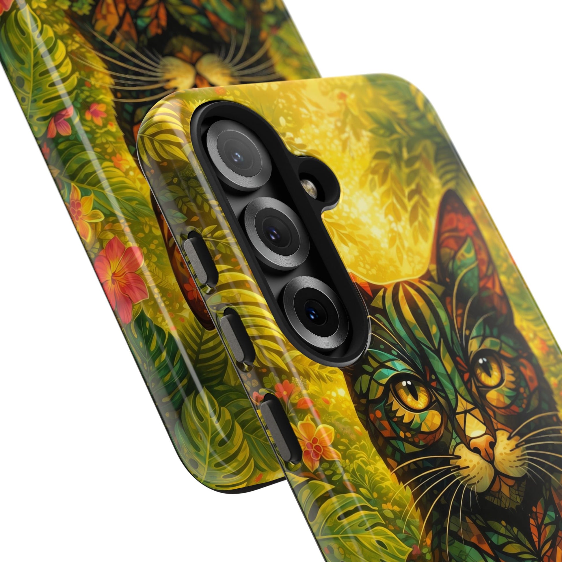 Tough phone case with jungle cat art, camera bump cutouts, and leaf pattern