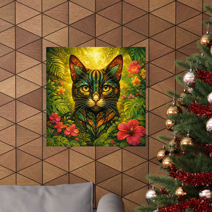 Tropical Cat Poster — Vibrant Botanical Matte Vertical Wall Art