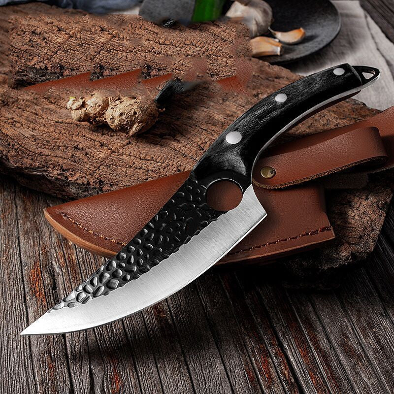 Boning and scimitar knife with dark handle and textured grip, with brown leather sheath
