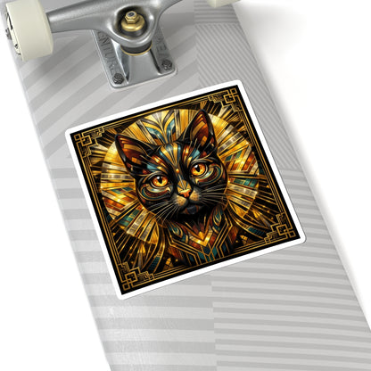 Art Deco Cat Kiss-Cut Sticker — Metallic Gold Geometric Feline Laptop Decal