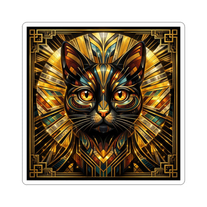 Art Deco Cat Kiss-Cut Sticker — Metallic Gold Geometric Feline Laptop Decal