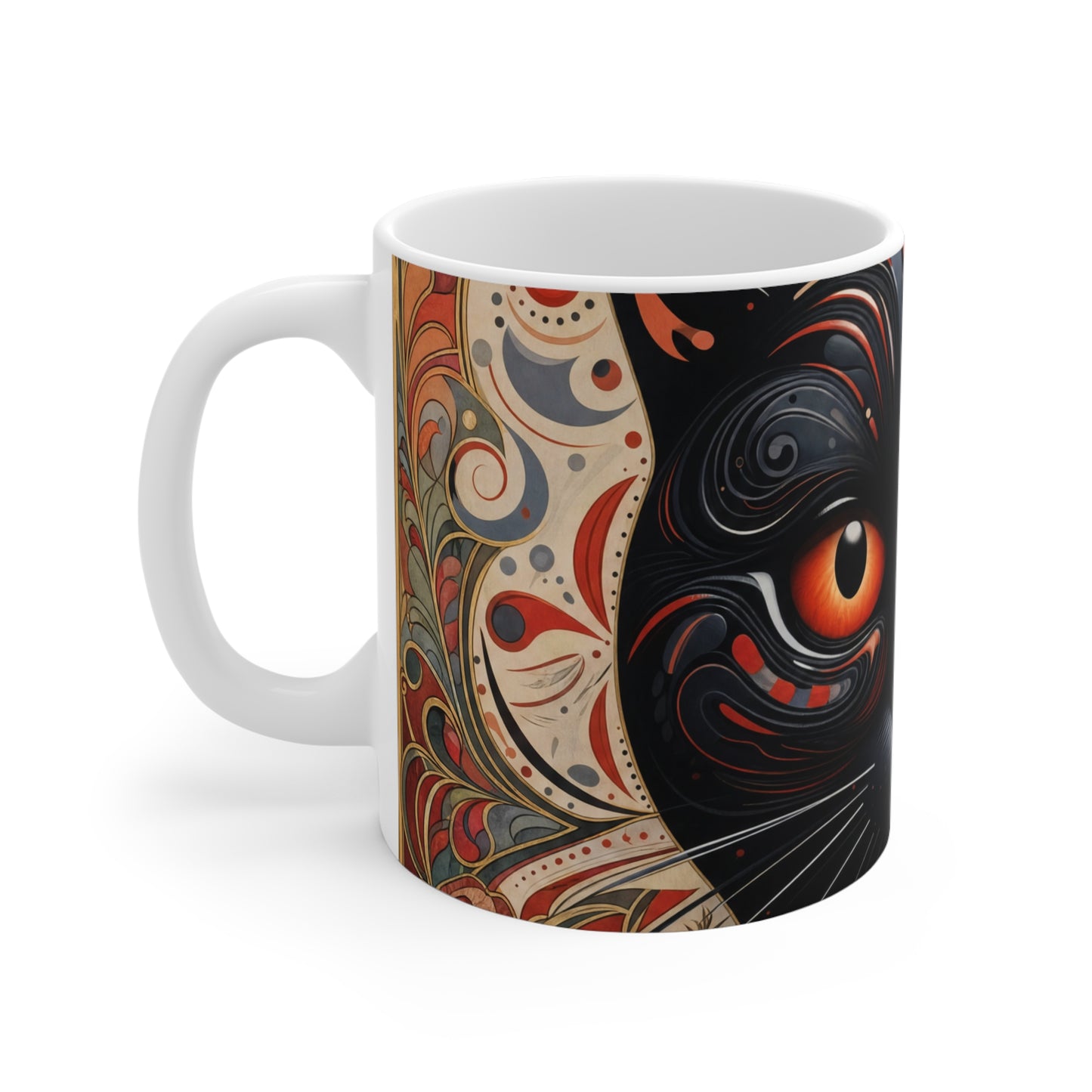 Black Cat Art Mug — Mystical Orange-Eyed Cat 11oz Ceramic Coffee Cup
