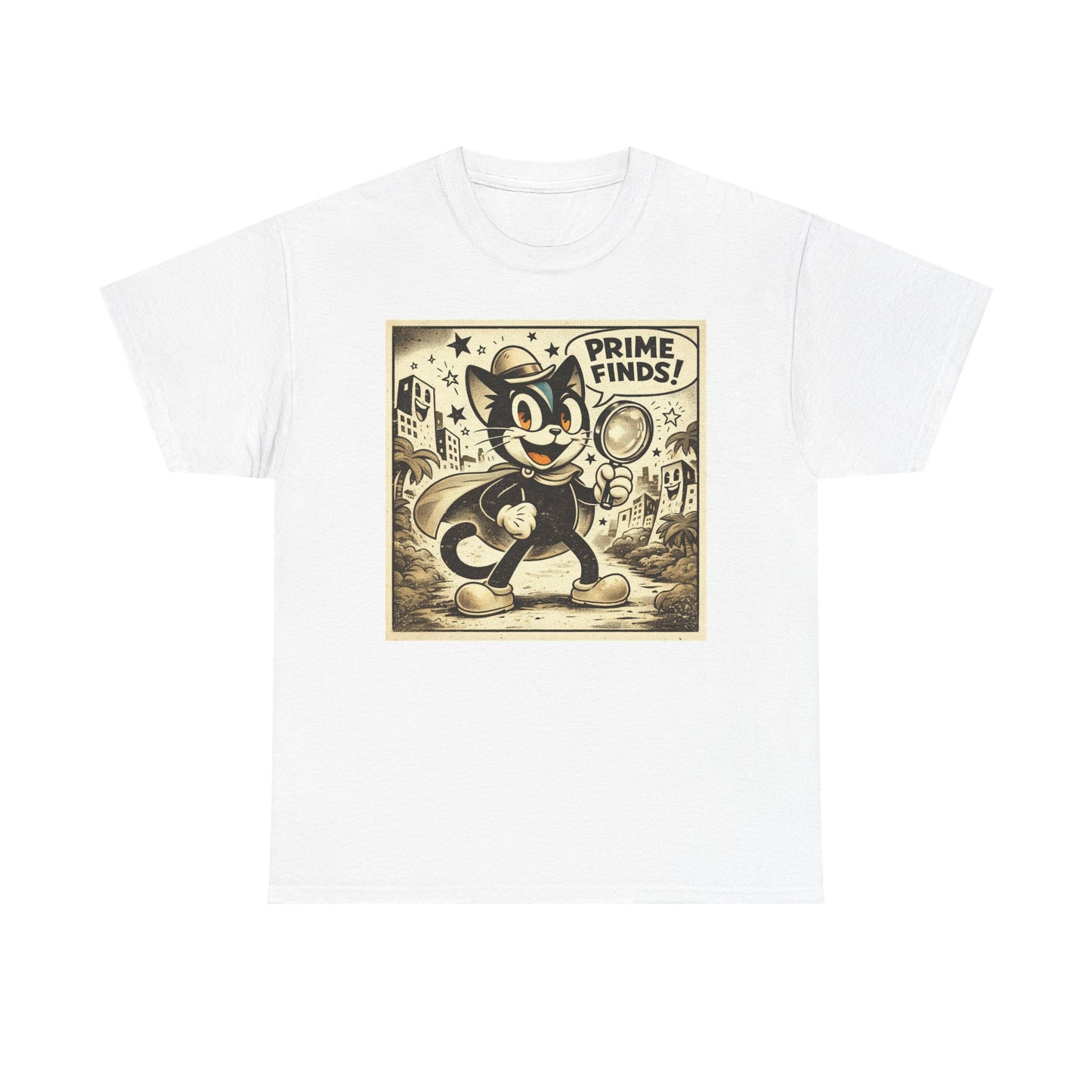 White vintage detective cat T-shirt with retro cartoon graphic on the front
