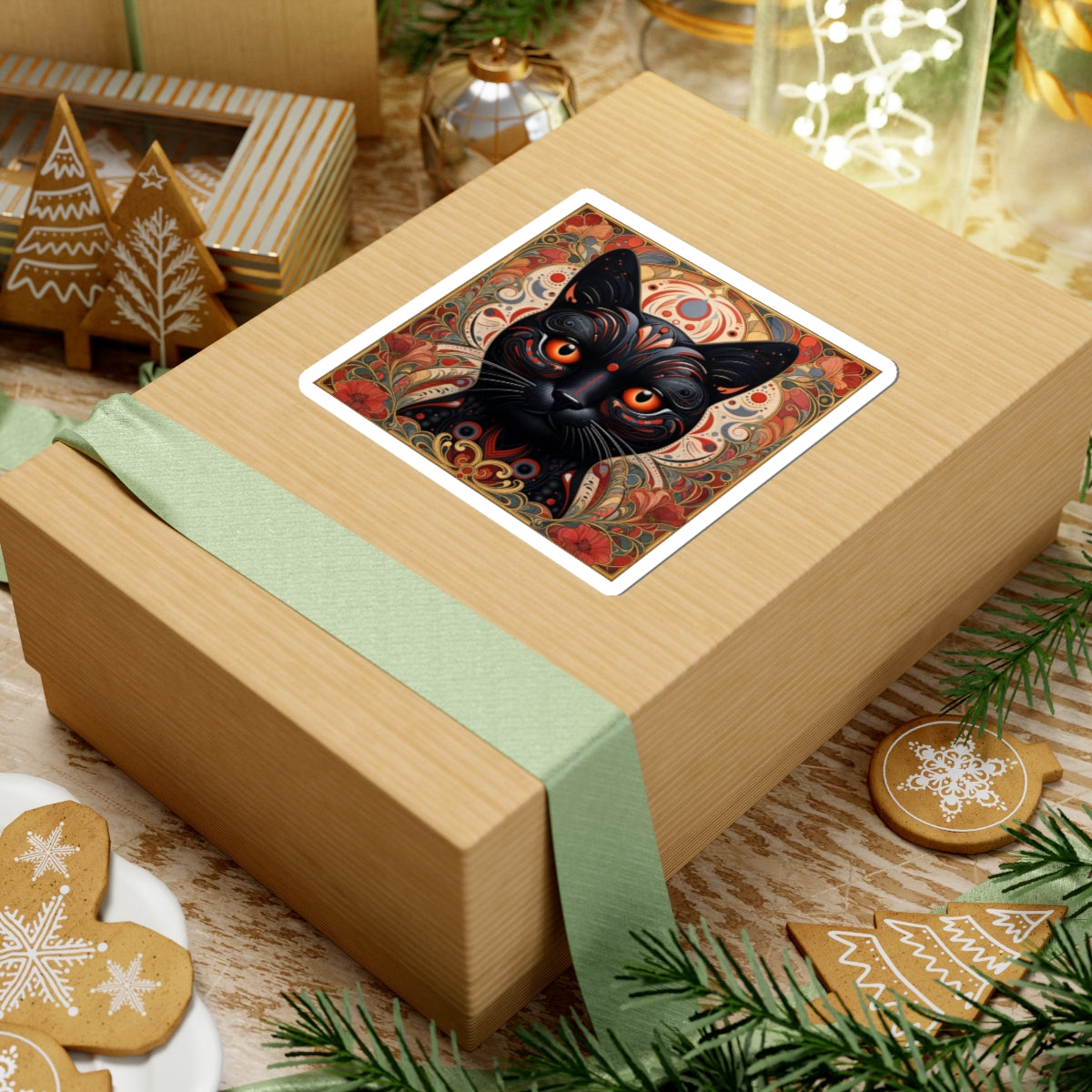 Black Cat Art Sticker — Ornate Orange Eyes Kiss-Cut Vinyl Sticker
