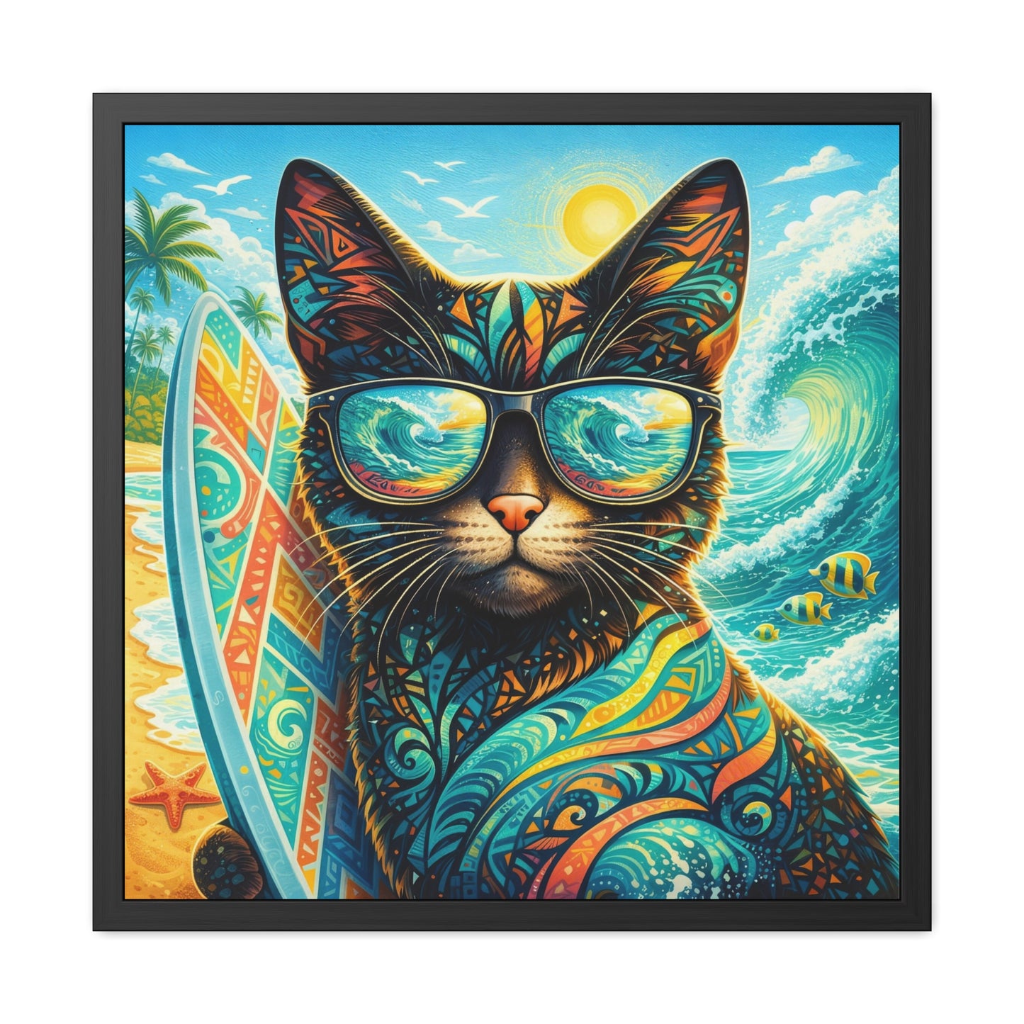 Surfing Cat Framed Poster — Colorful Tropical Cat with Sunglasses Art