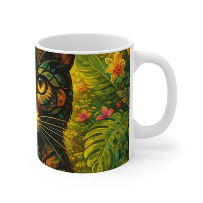 11oz Ceramic Mug - Stained Glass Jungle Cat Design (Colorful Cat Art)