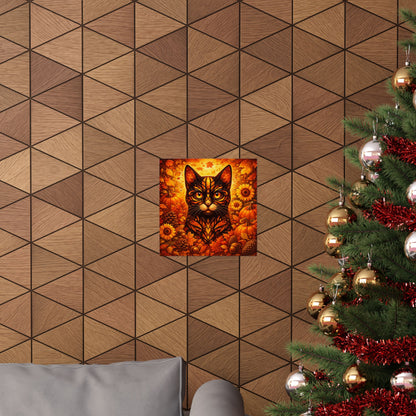 Autumn Cat Poster — Fall Pumpkin & Sunflower Matte Wall Art