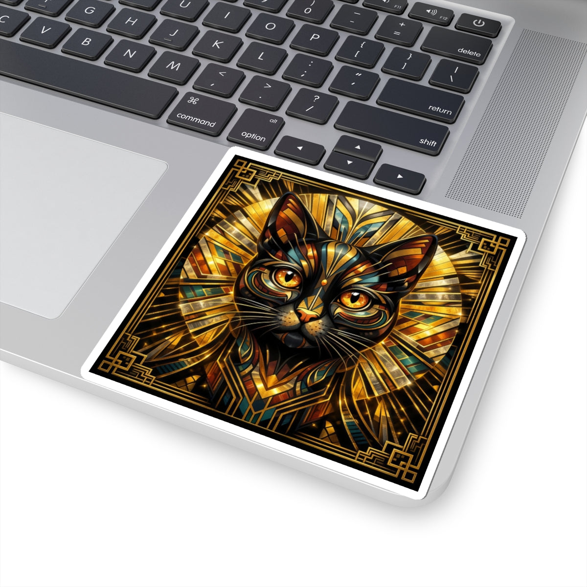 Art Deco Cat Kiss-Cut Sticker — Metallic Gold Geometric Feline Laptop Decal