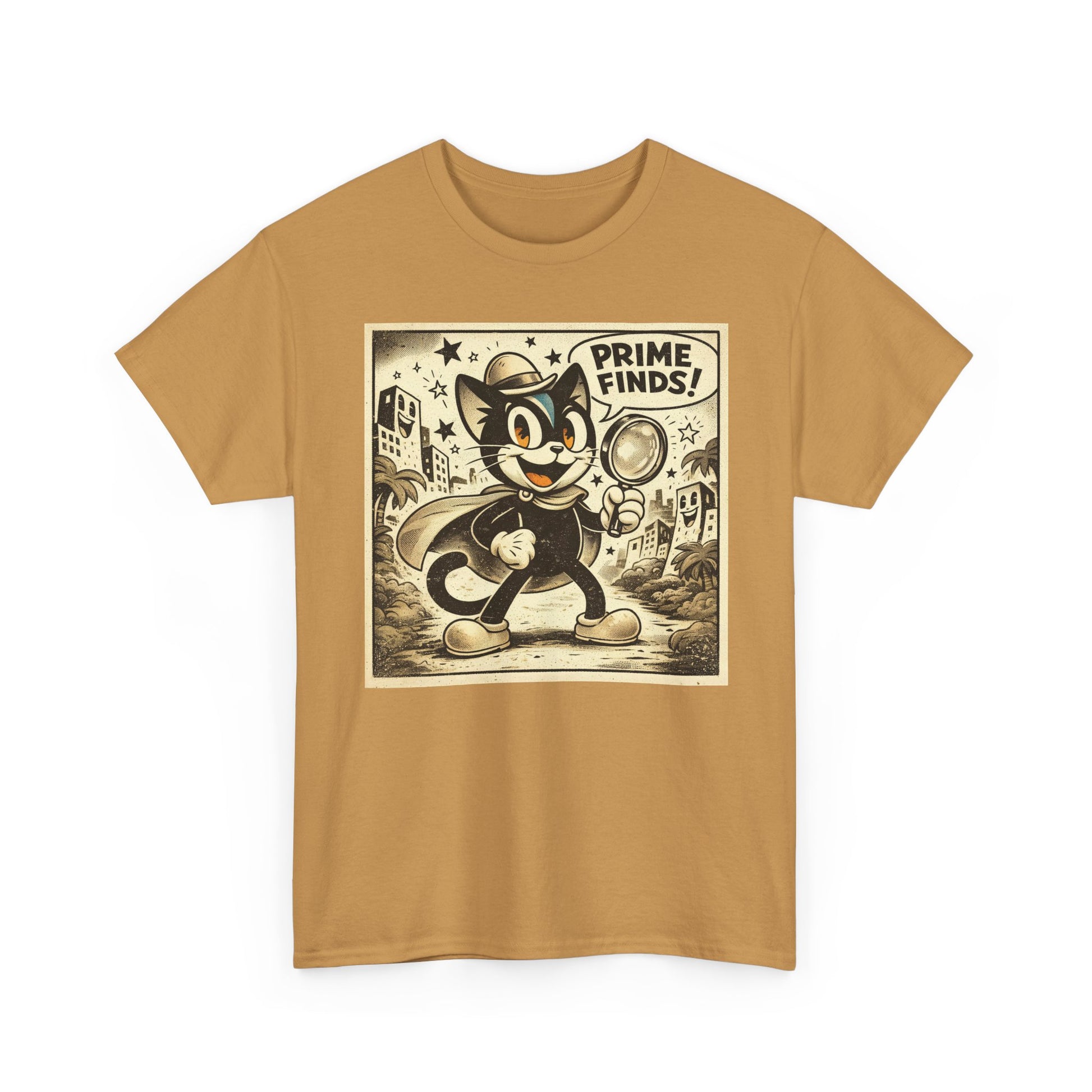 Brown vintage graphic detective cat T-shirt with retro cartoon front print