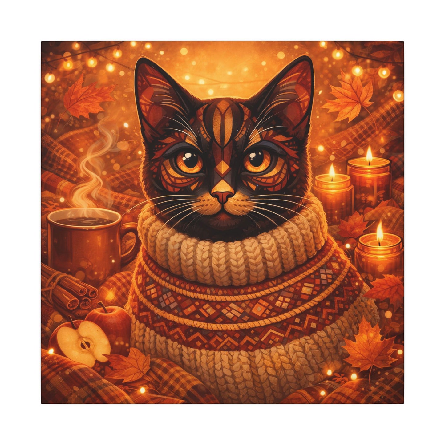Autumn Cozy Cat Canvas - Warm Fall Cat Portrait with Sweater, Candles & Coffee